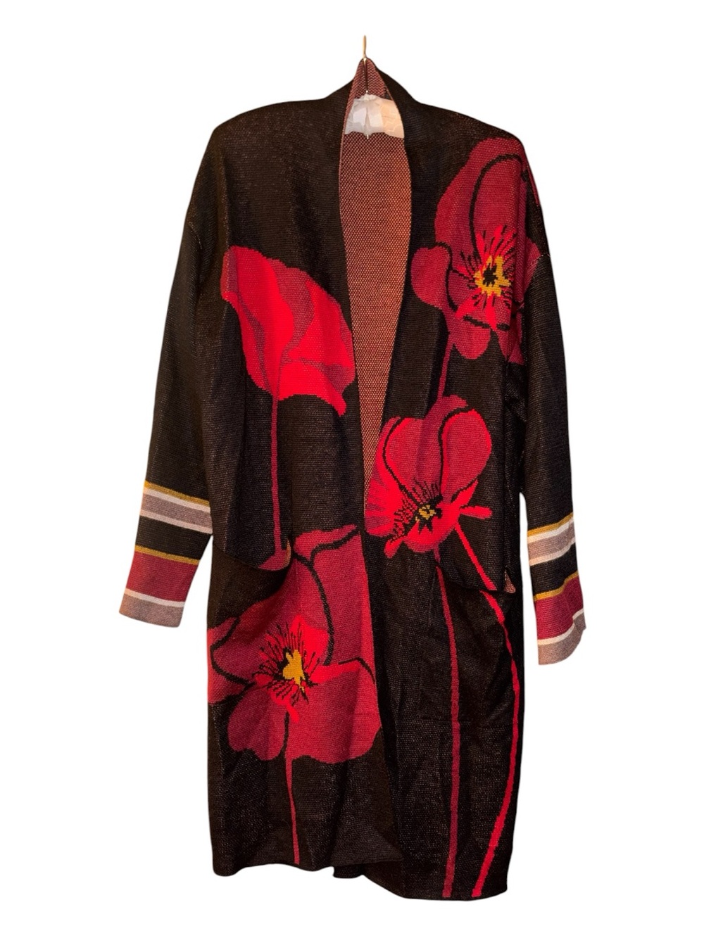 Maxsport Black Cozy long Cardigan with Red Floral Design Size XL like new